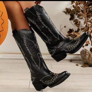 SHIBEVER Black Studded Western Cowboy Boots - Embroidered Mid-Calf Cowgirl Boots